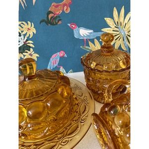 Mosser Eye Winking Amber Serving Set. Vintage 1960-70s. Butter, cream, and sugar